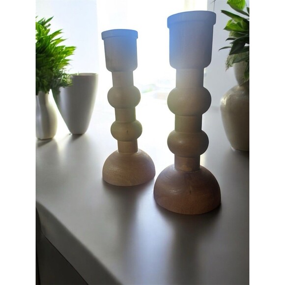 Other - Wood Candlestick Holders Set of 2- 8” Natural Farmhouse Rustic Rounded Design